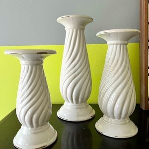Set of 3 Ceramic Off White Candle Sticks.
